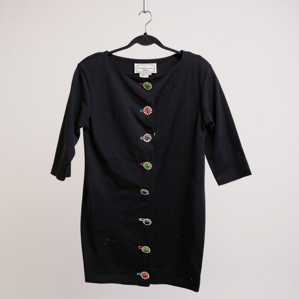 Adrienne Vittadini Vintage Black Wool Dress With Ornate Gold‎ & Jewel Toned 6